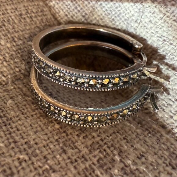 Marcasite Hoop Earrings 925 Sterling Silver - Picture 3 of 4